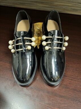Statement customs patent black loafers with pearl details! One of a kind!